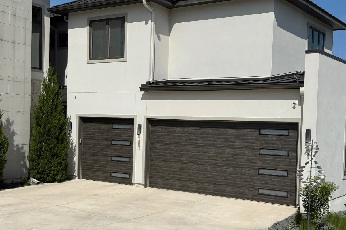 Clopay garage door in a slate finish with slim windows