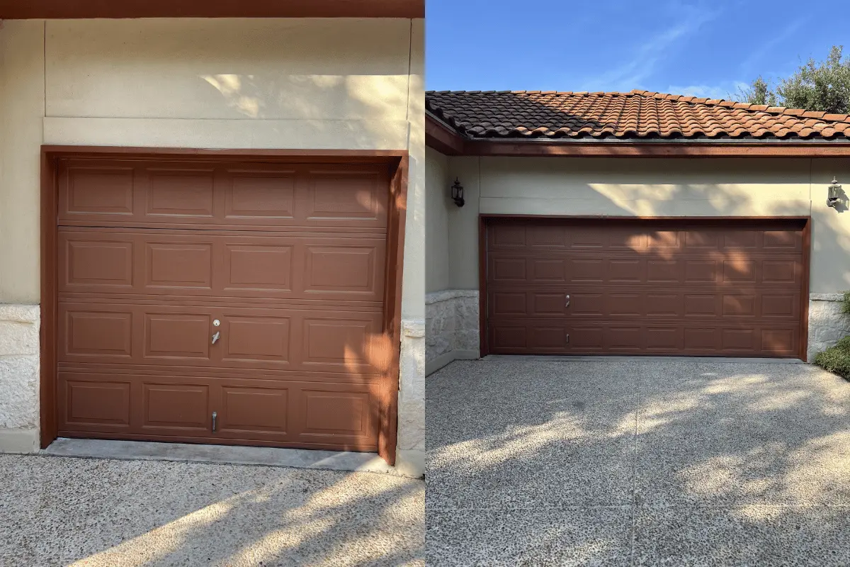 Short raised-panel garage door with custom paint